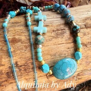 Gold and blue bold colorful choker necklace with turquoise